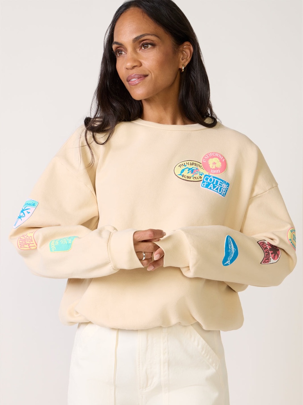 Daydreamer LA Beige Beach Themed Travel Patch Crewneck Sweatshirt Oversized OS